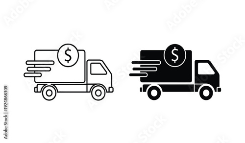 Two trucks with dollar sign on cargo moving fast, delivery and finance concept icons