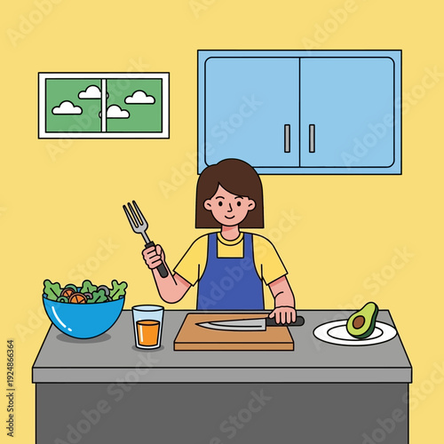 Woman preparing a healthy meal in a kitchen with fresh ingredients.