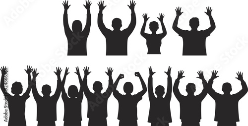Group of people raising hands silhouette collection isolated on white background, vector illustration set for celebration, success, teamwork, protest, and social event concepts