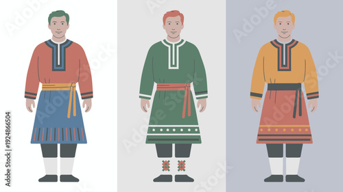 Three men wearing traditional Scandinavian clothing standing against different colored backgrounds