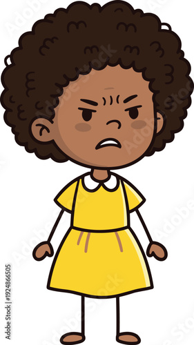 Angry cartoon girl with curly hair, frustrated child expression illustration, emotional kids behavior concept isolated flat vector character design