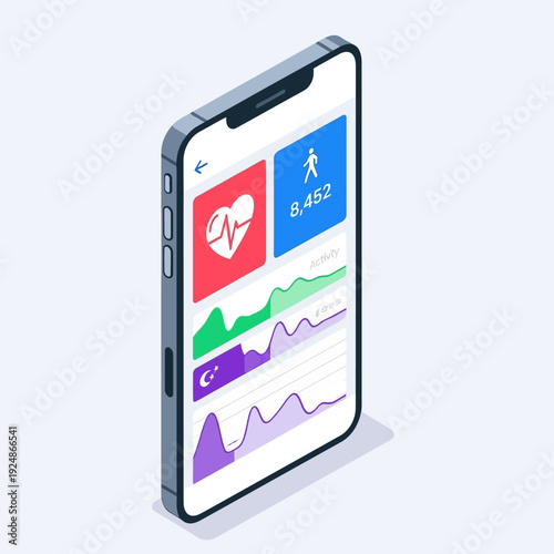 Smartphone displaying health and fitness tracking application with various statistics.
