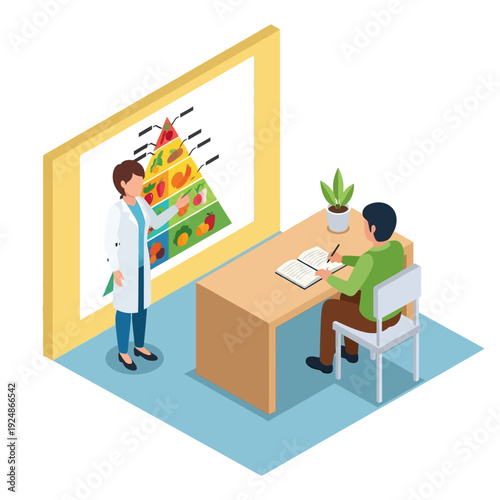 Doctor explaining food pyramid to patient in a clinical setting.