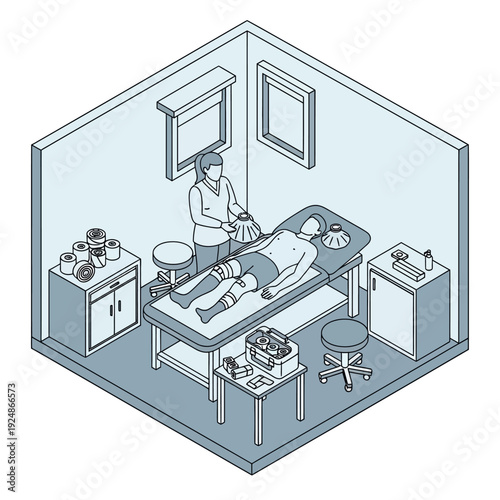 Isometric illustration of a doctor examining a patient on a medical table in a clinical setting.