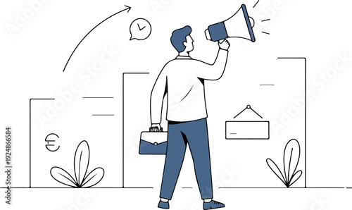 Man With Megaphone Announcing News Simple Blue Illustration With Abstract Elements