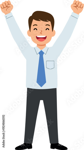 Man White Shirt Blue Tie Arms Raised Celebrating Success Joyful White Background