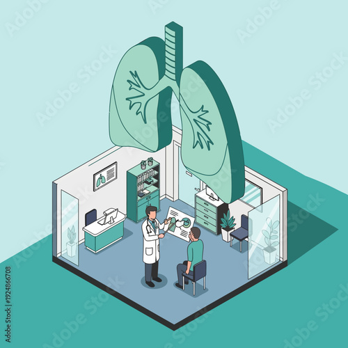 Doctor explaining lung health to patient in medical office.
