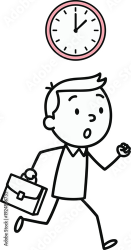 Cartoon businessman running late under clock, time management deadline concept illustration, office worker rushing with briefcase isolated flat vector design