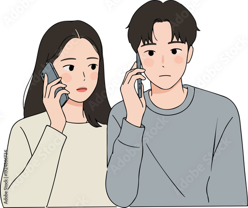 Minimalist Duo Talking on Phone Worrying Flat Design Vector