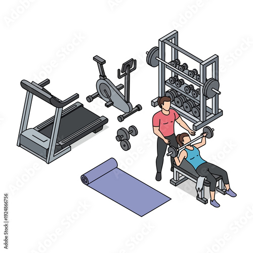 Personal trainer assisting a woman with weightlifting in a modern gym.
