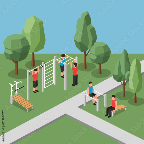 People exercising in a park with outdoor fitness equipment.