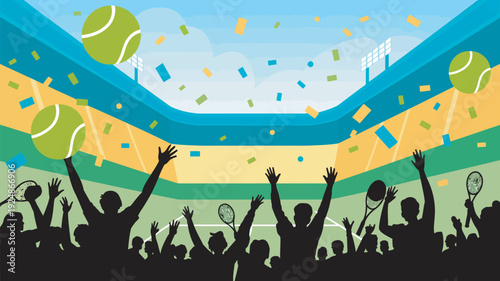 A lively crowd celebrates a tennis victory in a vibrant stadium with confetti and balloons