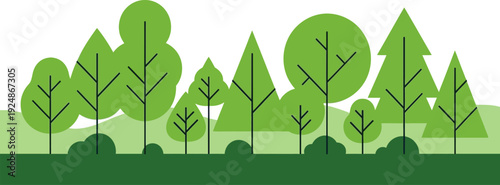 Stylized green trees and bushes illustration in a simple, flat design with white background, representing nature and environment