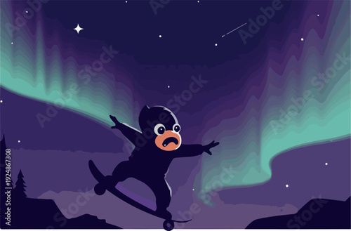 Pixel Art Character Skateboard Under Northern Lights Dark Sky