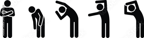 A collection of black stick figures performing stretching and bending movements for daily fitness