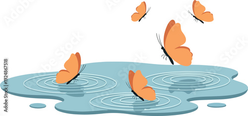 Orange Butterflies On Water Ripples Light Blue Background Minimalist Flat Design
