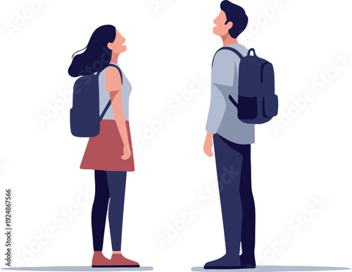 Pixel Art Couple Backpacks Looking Up Minimal Flat Illustration