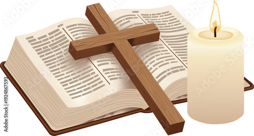 Christian Open Bible with Cross and Lit Candle Religious Design 