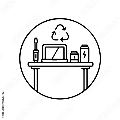 Eco-conscious workplace, showcasing a recycling symbol above a desk containing tools and electronic devices, promoting sustainable practices and environmental awareness.