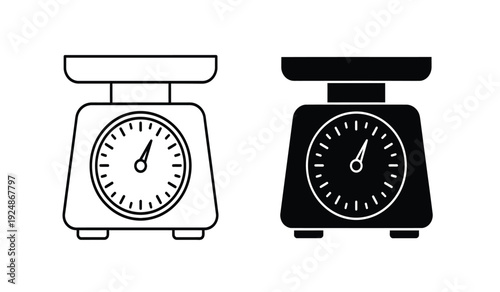 Two kitchen scales one black and one white with dials and plates on top for measuring weight