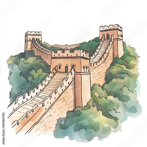 Watercolor Sketch of the Great Wall Winding Through Lush Greenery