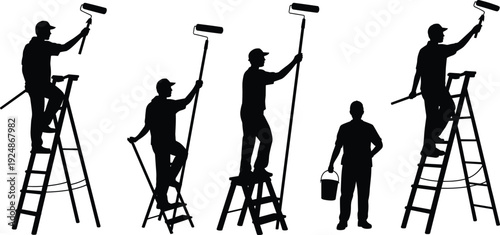 House painter silhouette set isolated on white background, vector illustration collection of worker on ladder with paint roller and bucket for renovation concept
