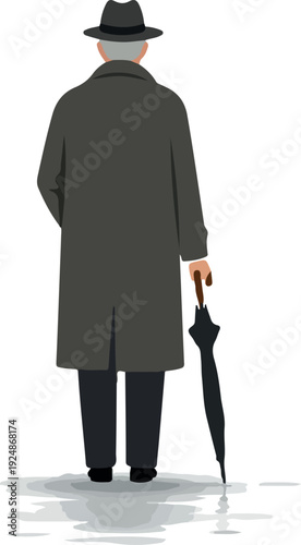Pixel Art Elderly Man In Coat And Hat Holding Umbrella From Behind