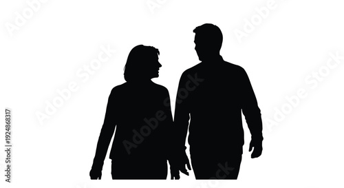 Silhouetted couple walking together against a stark white background high quality