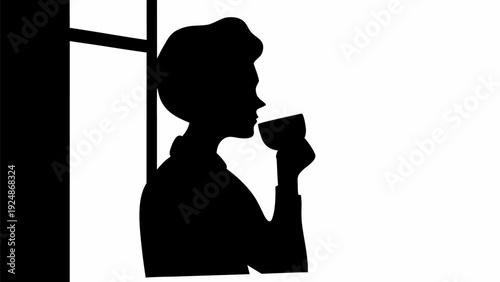 Woman sips coffee by window in modern silhouette style