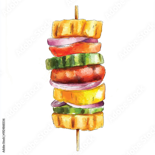 Watercolor Skewer of Grilled Bread Vegetables and Sausage Artistic Food Presentation