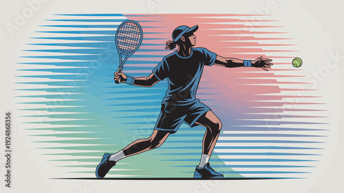 A dynamic illustration of a tennis player in action on a colorful court background