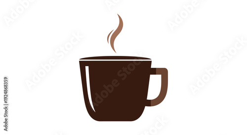 A stylized illustration of a dark brown coffee cup with rising steam
