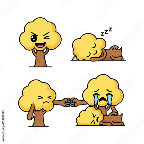 Cartoon trees showing emotions and interactions in various humorous situations
