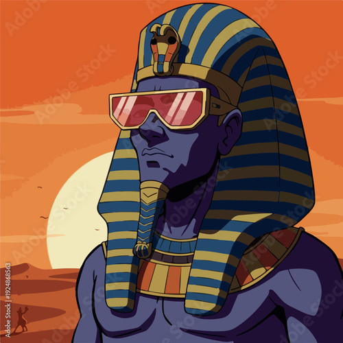 Pharaoh Wearing Sunglasses in Desert Sunset Flat Design