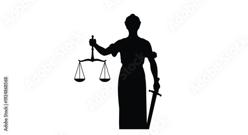 Silhouette of lady justice holding scales and a sword against a white background