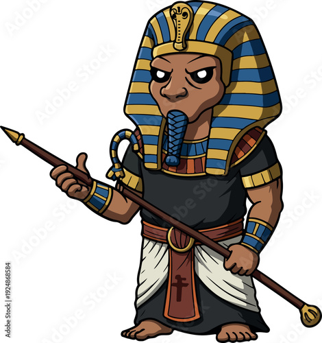 Pharaoh Character Egyptian King Holding Staff Blue Gold Headdress Black Tunic White Skirt