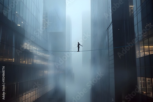 Business Tightrope Between Office Buildings Risk Concept