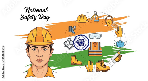 Illustration of a worker in a hard hat with safety gear and equipment for National Safety Day in India, promoting workplace safety awareness with a green and orange background.