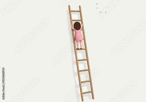 Pixel Art Girl Climbs Wooden Ladder Towards Sky Minimalist Style