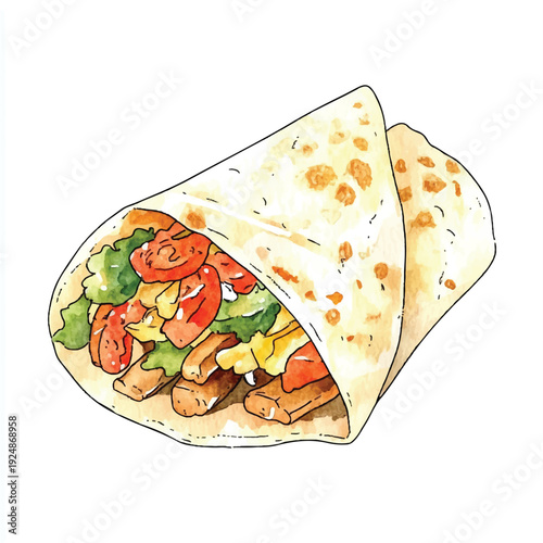 Watercolor Style Burrito with Chicken Lettuce and Tomatoes Illustration