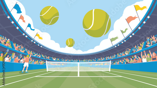 A vibrant illustration of a tennis player serving on a green court with a crowd of spectators in the stands