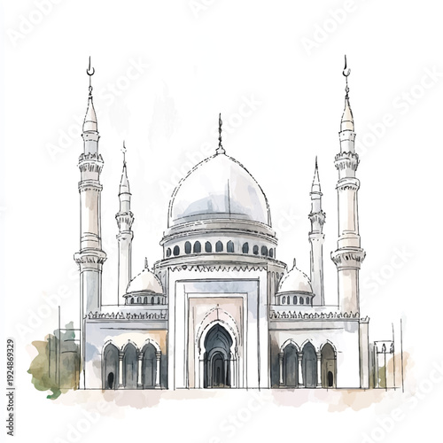 Watercolor Style Mosque Illustration with Crescent Moon Finials and Arched Entrances