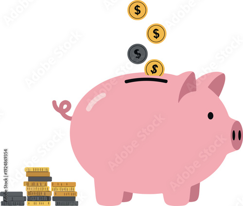 Pink Piggy Bank With Falling Coins And Stacked Money Isolated On White