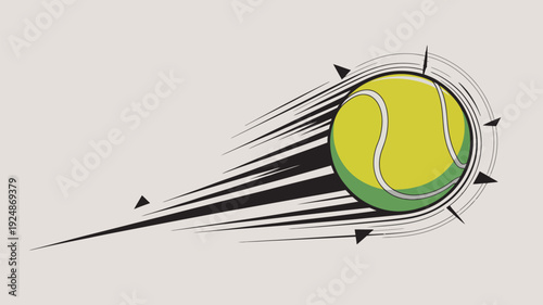 A fast-moving tennis ball in motion with speed lines and arrows on a beige background
