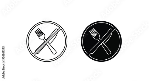 Vector graphic design set illustrating a simple prohibition symbol over crossed eating utensils like a fork and knife indicating no food allowed