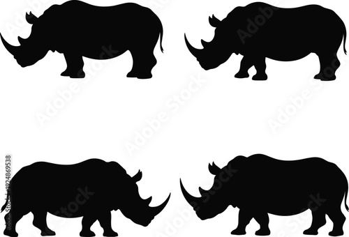 Rhinoceros Silhouette Set in Side View, Black Rhino Animal Collection Isolated on White Background, Wildlife Safari Conservation and Endangered Species Concept Illustration