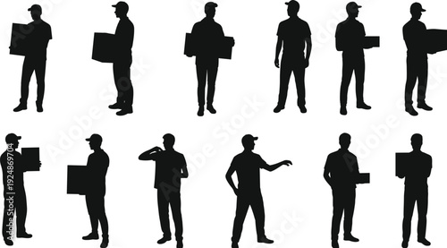 Set of delivery man silhouette holding boxes in various poses isolated on white background, vector illustration for courier service, shipping, logistics, and warehouse design