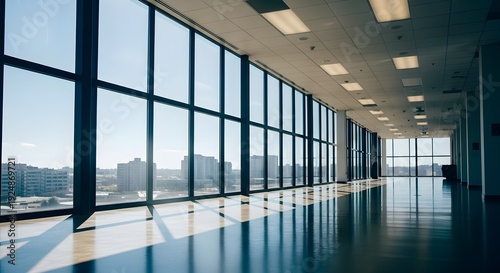 Modern office interior with city view through large windows