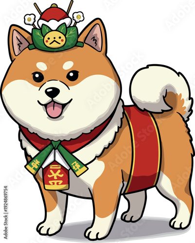 Pixel Art Shiba Inu Dog Wearing Traditional Red And Green Festival Outfit