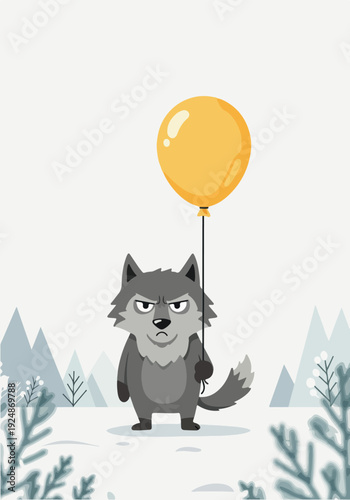 Pixel Art Gray Wolf Holding Yellow Balloon In Winter Forest